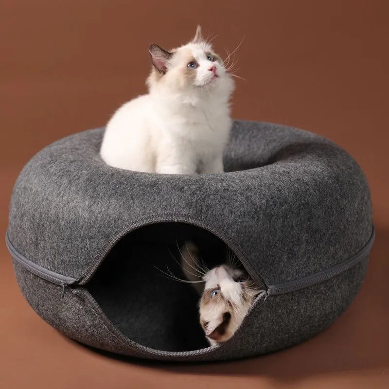 🐱 Donut-Katzenbett mit Spieltunnel – Gemütlicher Rückzugsort & Spielplatz in einem