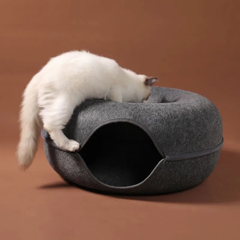 🐱 Donut-Katzenbett mit Spieltunnel – Gemütlicher Rückzugsort & Spielplatz in einem